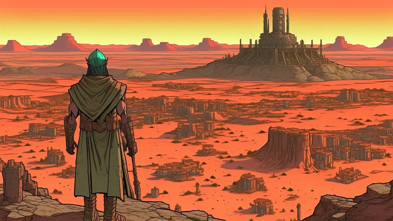 Desert warrior from behind looking at a city on a plateau in the distance, comic style