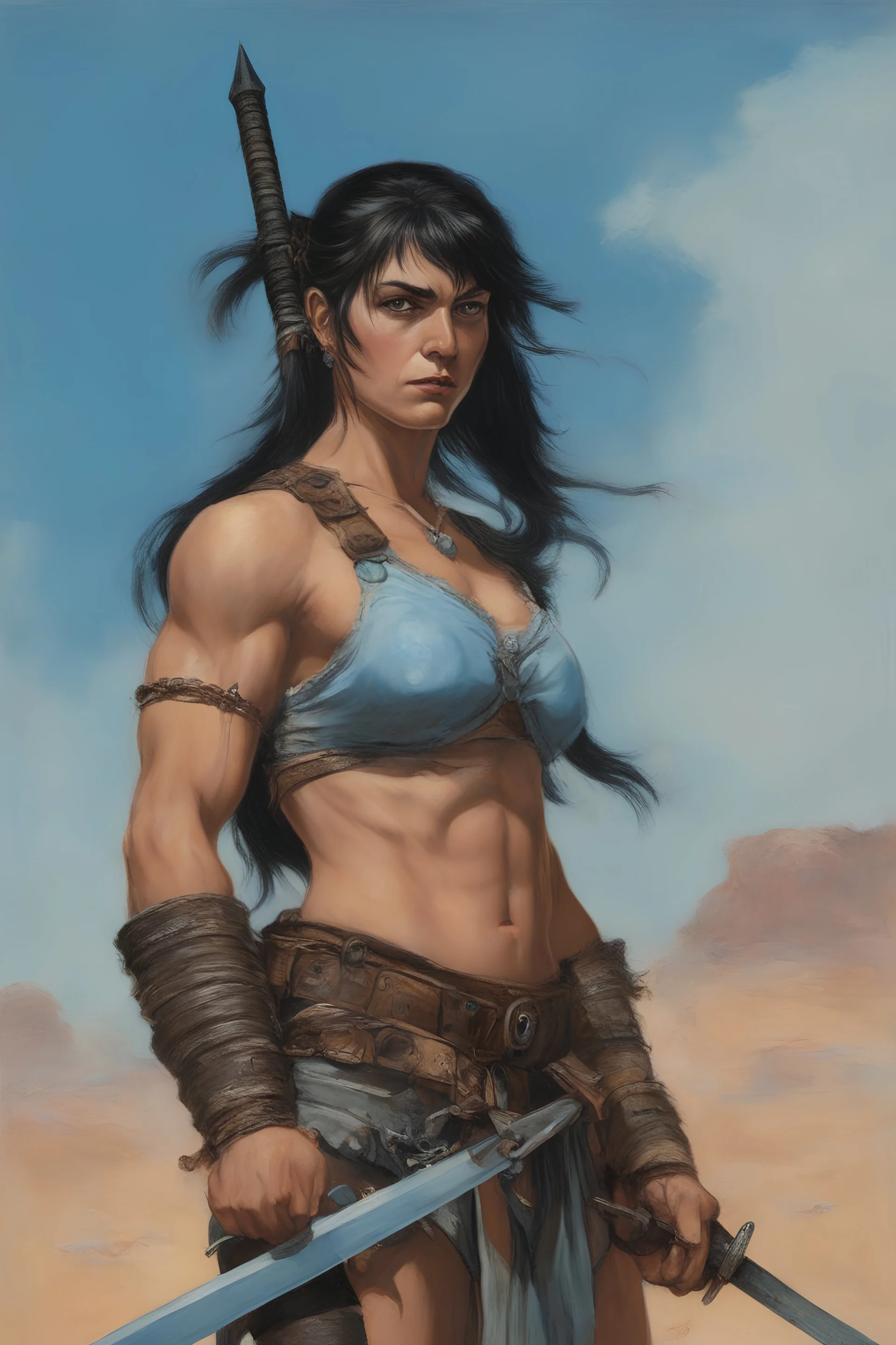 female Barbarian, Black Sonja, Long, pitch-black hair, two ponytails, bangs cut straight across forehead, blue eyes, sky blue stained wall in the background, dressed as a female barbarian, extremely muscular chest, carrying a long broadsword in her right hand, the stygian desert of Mars - oil painting by Norman Rockwell