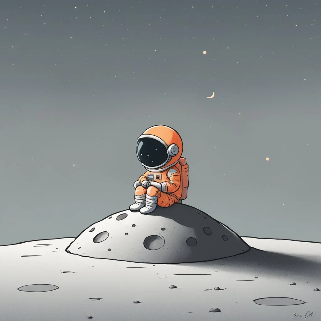 A whimsical digital illustration of a cartoonish astronaut, delicately rendered in soft pastel hues, sitting on a tiny, cratered moon, lost in thought as they stare out into the vast, starry expanse of empty space, their bright orange spacesuit a pop of color against the muted, celestial backdrop, with subtle texture and gentle shading adding depth to the minimalist composition, evoking a sense of wonder and contemplation, as if pondering the mysteries of the cosmos, amidst the eerie silence of