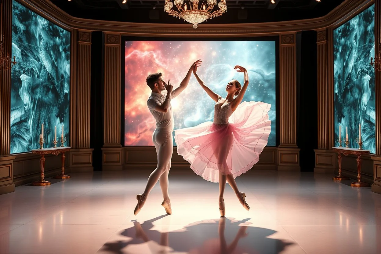 ballerian couple perform in a very luxury ballet stage with animating lights and background