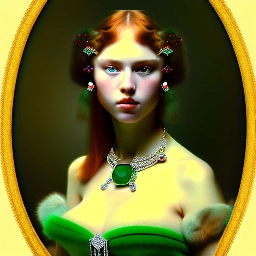 fullbody portrait of beautiful young busty atletic amazon Redhead woman with big Green sad eyes with big emeralds necklace by Jean Auguste Dominique Ingres 8k