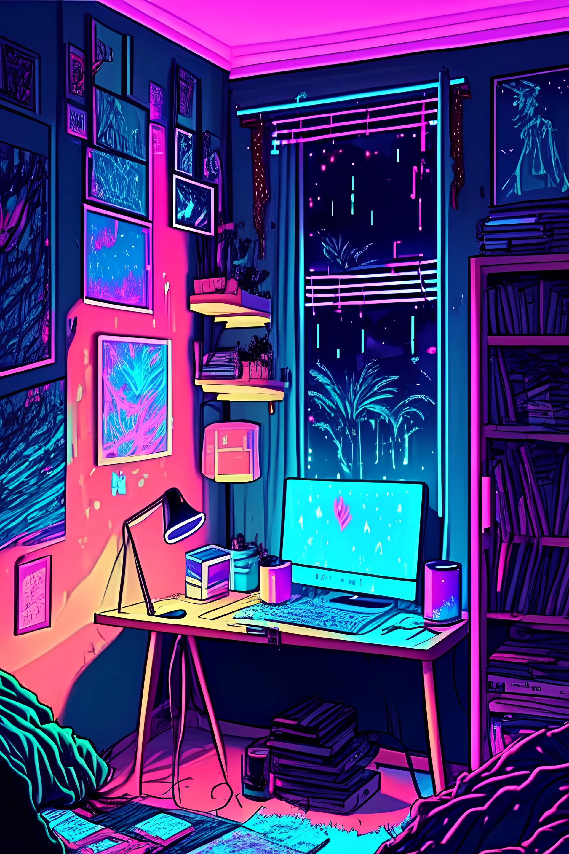 a drawing of the girl's room is adorned with neon and light up posters, in the style of anime aesthetic, webcam photography, studyblr, psychadelic surrealism, ultra detailed, trenchcore, use of screen tones