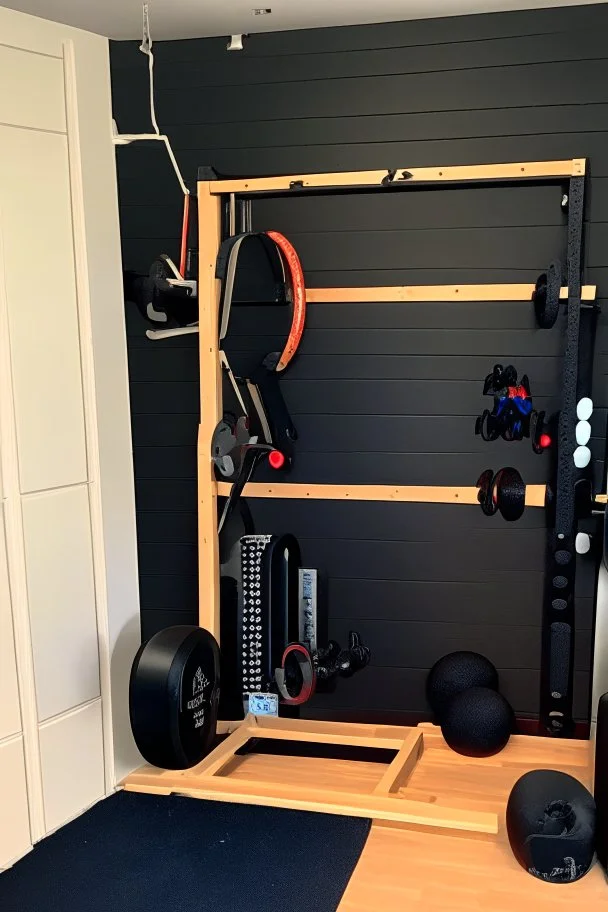 Home gym, wall with a kabinet with weights and small gym equipment. The other side a plyo box and wall balls. In between the plyo box and kabinet a folded weightlifting bench.