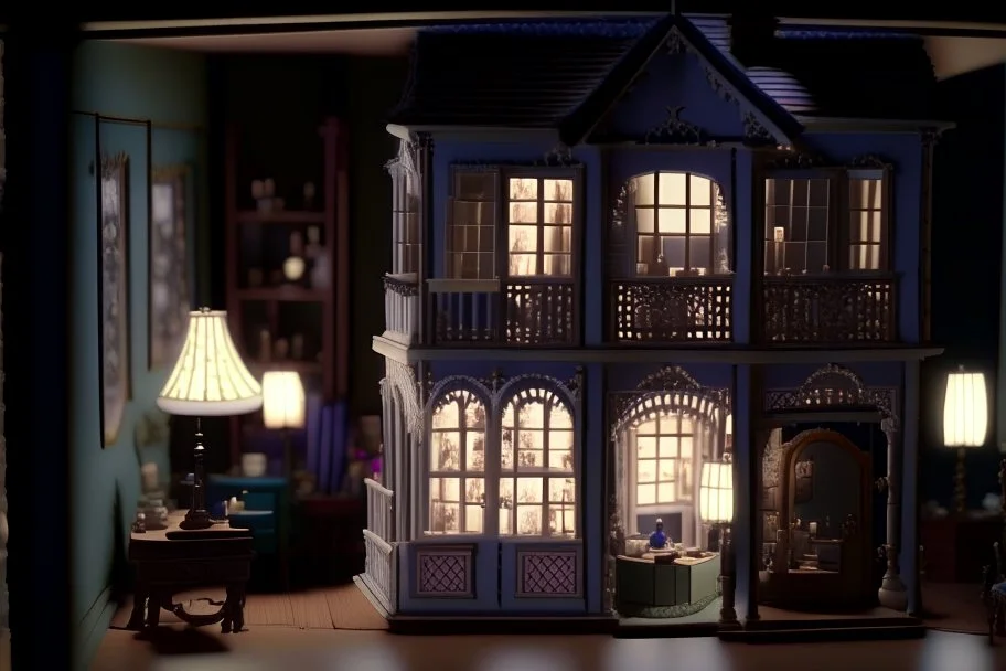 external view of a Victorian doll's house in the play room, cinematic lighting, very detailed