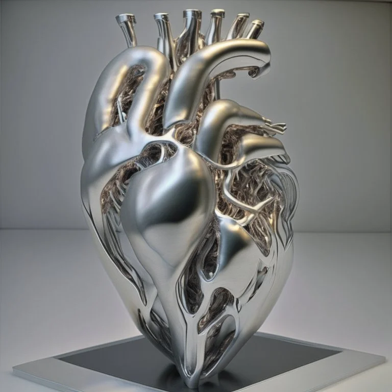 stainless steel sculpture of human flesh-like heart formed by human bodies