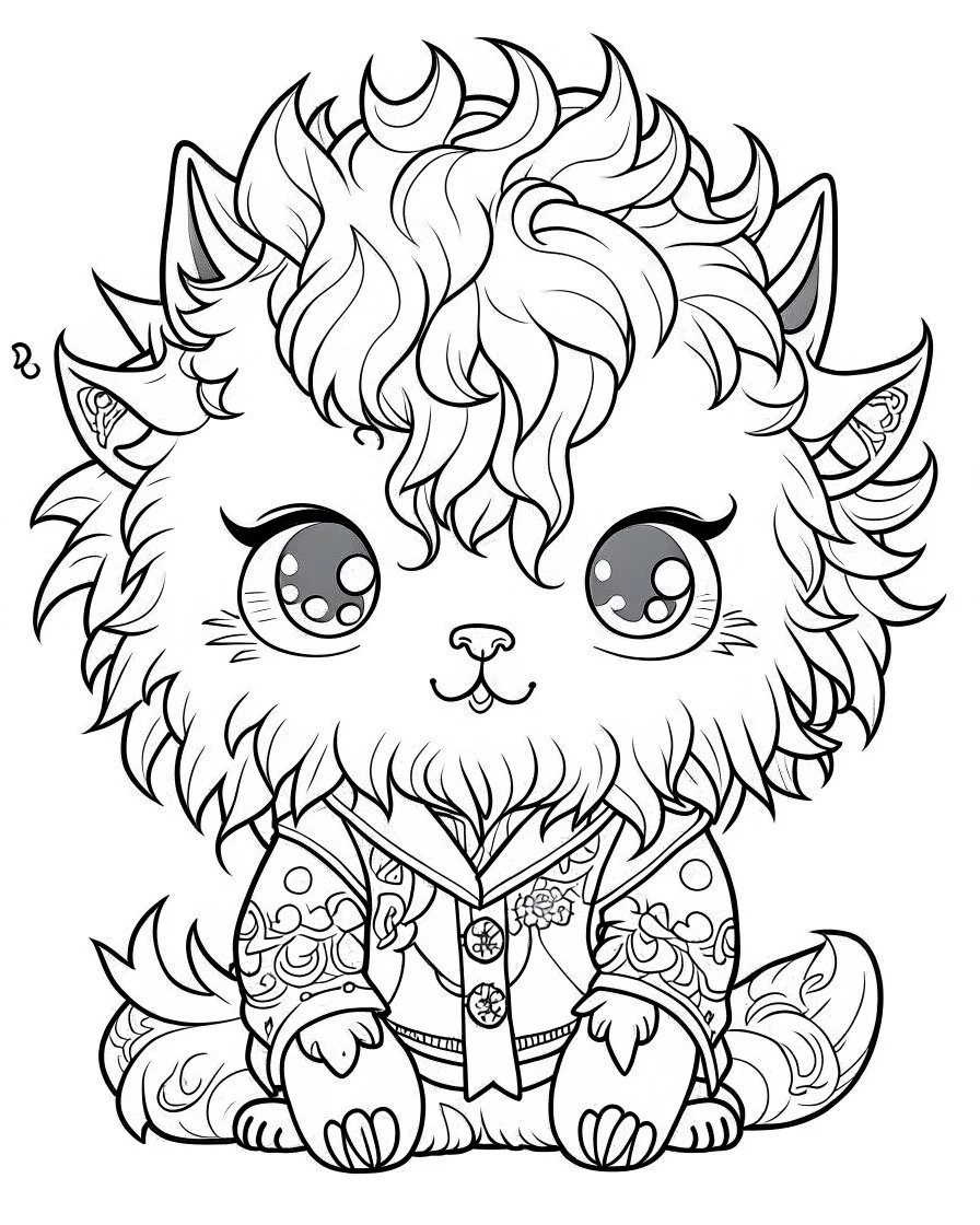 coloring page, Gothic chibi werewolf with wild, fluffy hair, Manga style, thick lines, low detail, no shading, --ar 9:11 --v 5