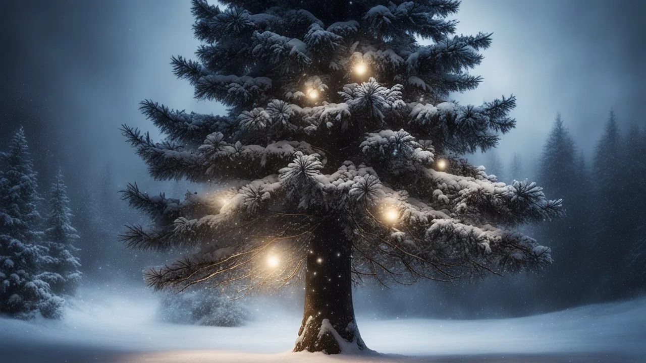 darkness,photoreal A majestic Christmas tree, adorned with twinkling lights, stands out in the scene. spreading Christmas joy in an glowing snow covered enchanted forest with mushrooms and elflings at night by lee jeffries, otherworldly creature, in the style of fantasy movies, photorealistic, shot on Hasselblad h6d-400c, zeiss prime lens, bokeh like f/0.8, tilt-shift lens 8k, high detail, smooth render, unreal engine 5, cinema 4d, HDR, dust effect, vivid colors,night