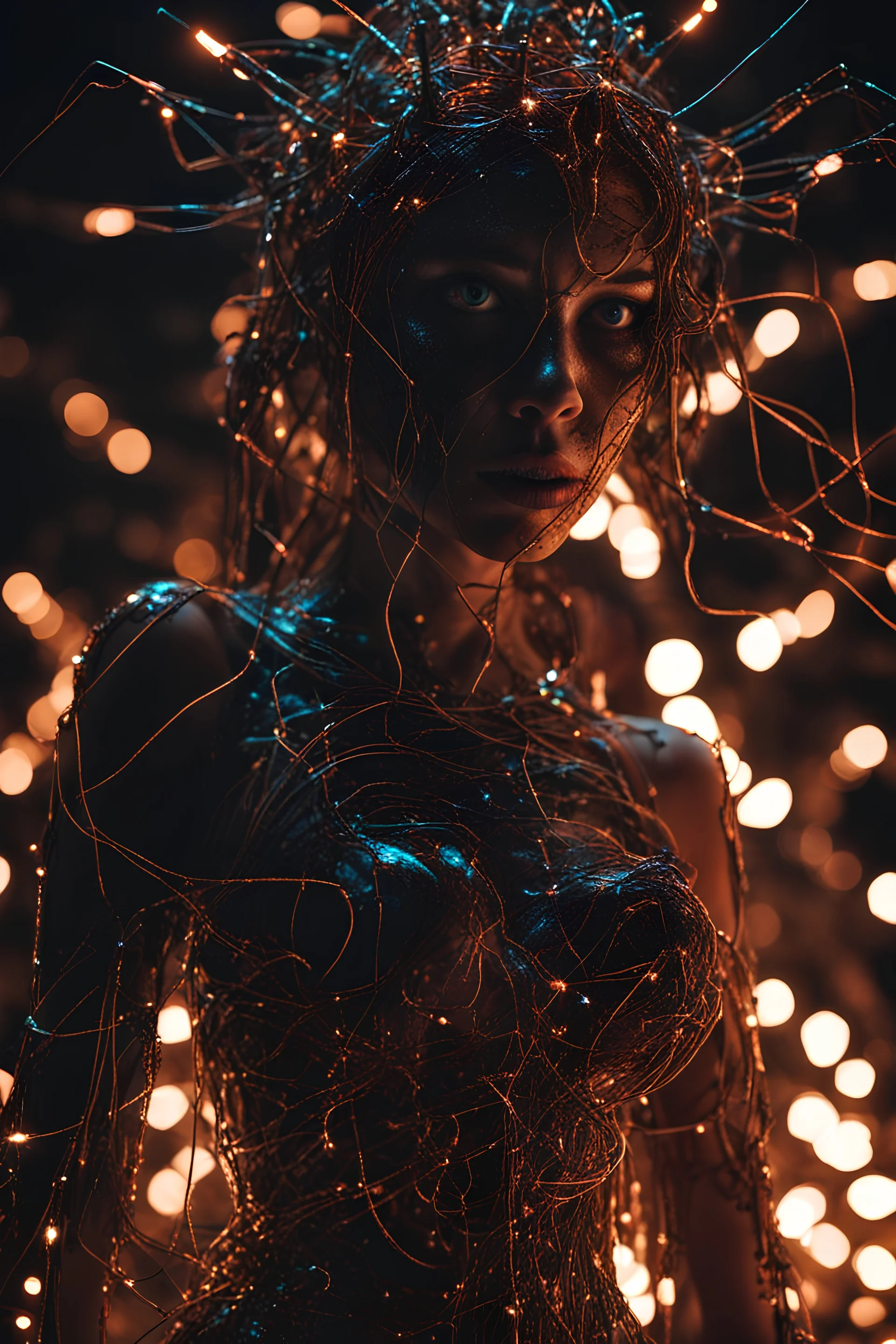 Demon girl, fullbody, creepy, horrifying, sinister, many wires connected to the head lumen lighting, led lights, sparks around her, sparks cybernetic,high lighting, intricate, 8k, macro photography,