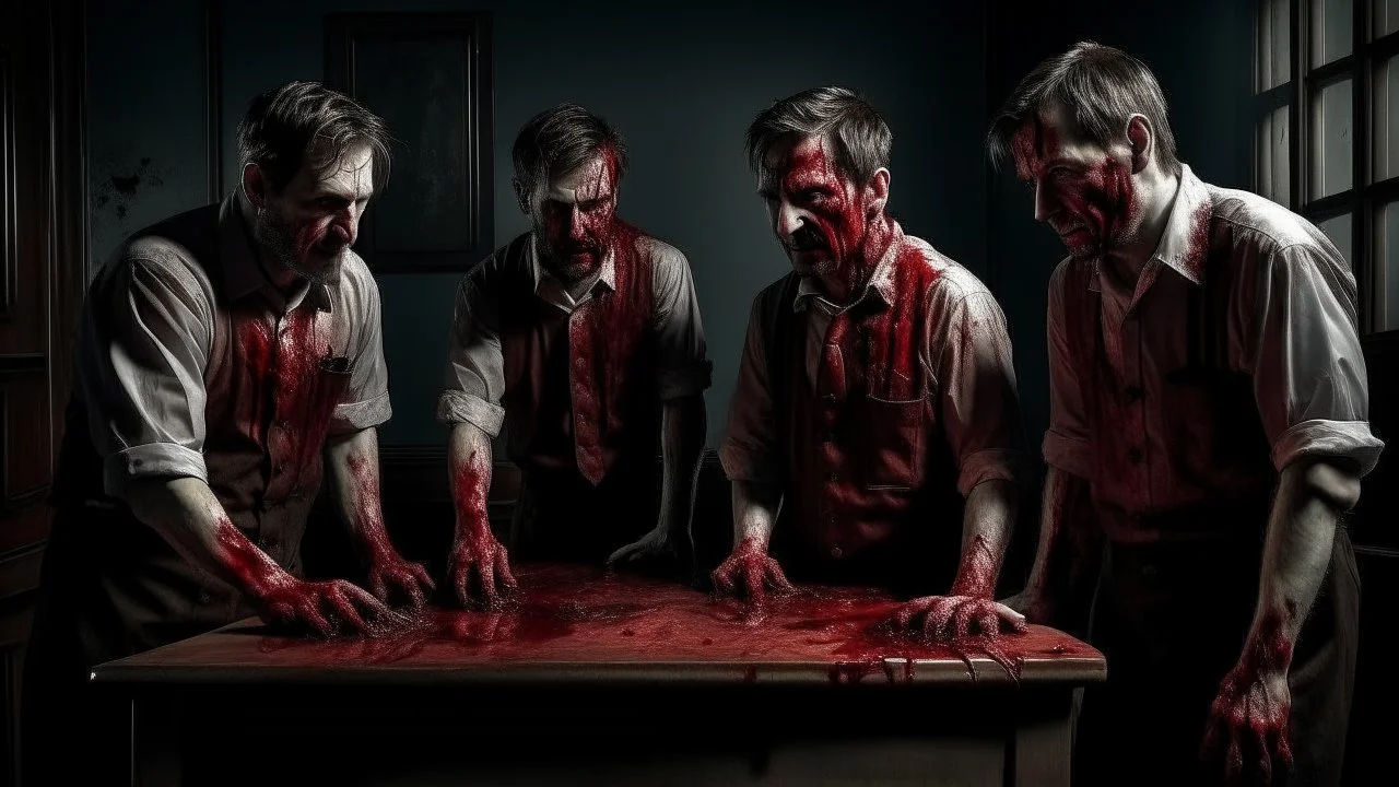 four men zombies in adark room look at the top bloody