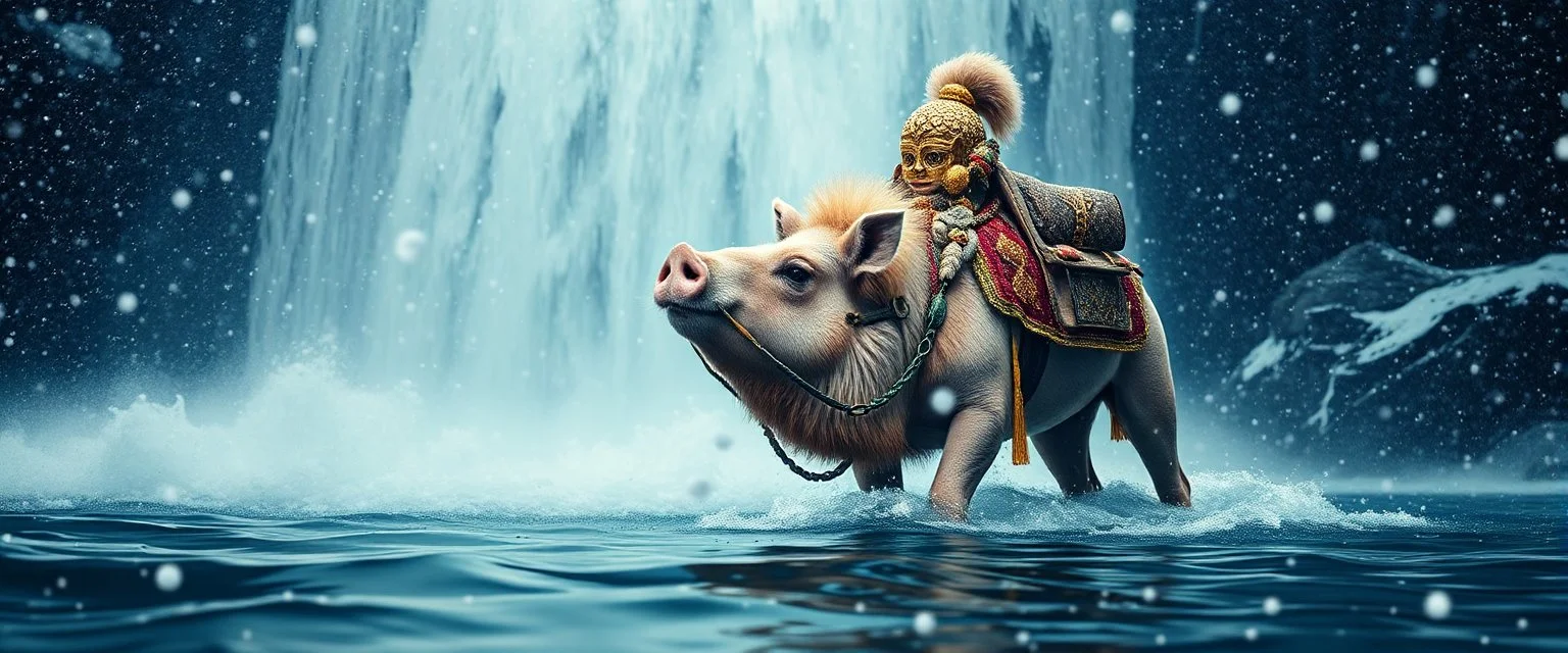 super happy guru explorer in deep trouble by the water fall, glitter disco glam luxury camel pig in snow storm