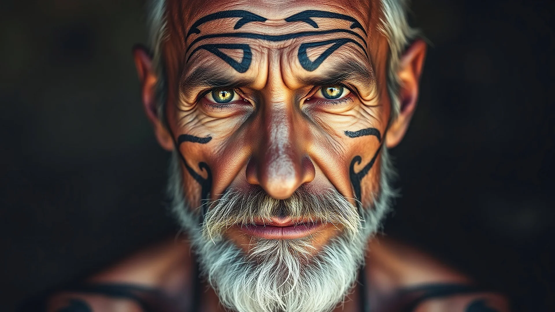 handsome wild white 40 years old man with tribal tattos, portrait, darkness; symetry; natural skin