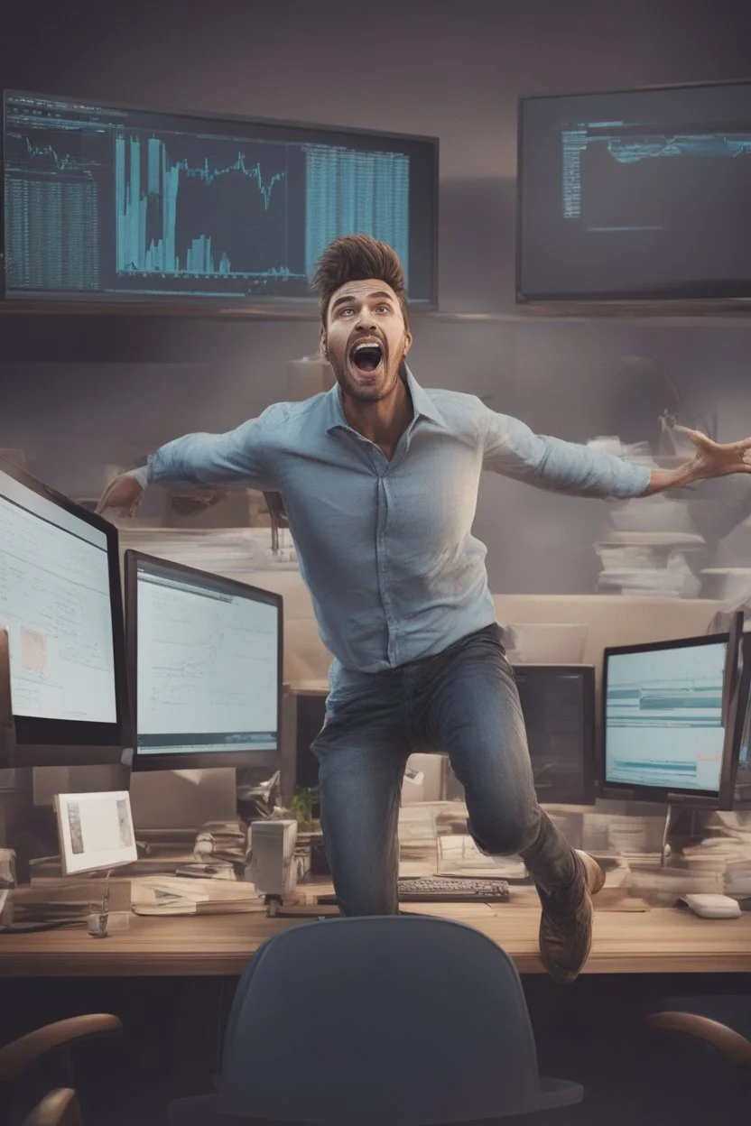 An excited guy who is jumping up and down Infront of his PC, excited,the stock market is rising, 8k quality , highly detailed and super realistic, motion caption style