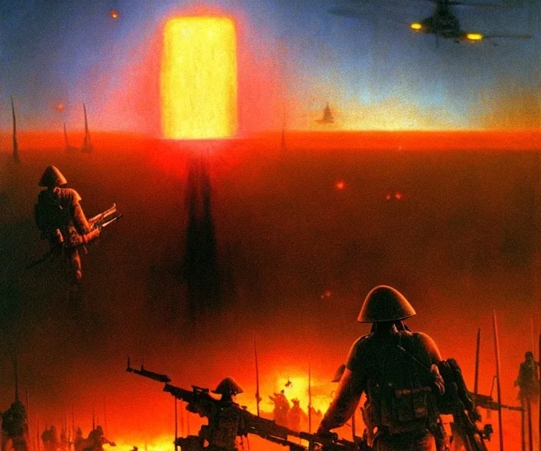 vietnam war. war. napalm. bokeh. lens flare. warm lights. high detailed. beksinski