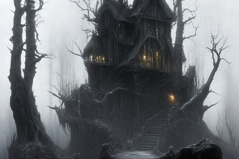  Wednesday Adams, black and white, one tall narrow scary house , pointy roof, cursed trees , dense dark forest, forest background, spiders, bats, bones, Escher style