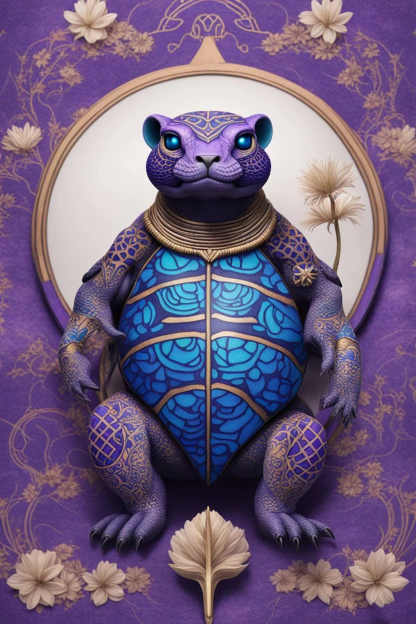 A 🐊+🐯+🐆+🐢 from ancient times. Decorated with solid bones resembling a blue tattoo. It is located on a field of purple patterned grass. Space white. Minute detail, high quality