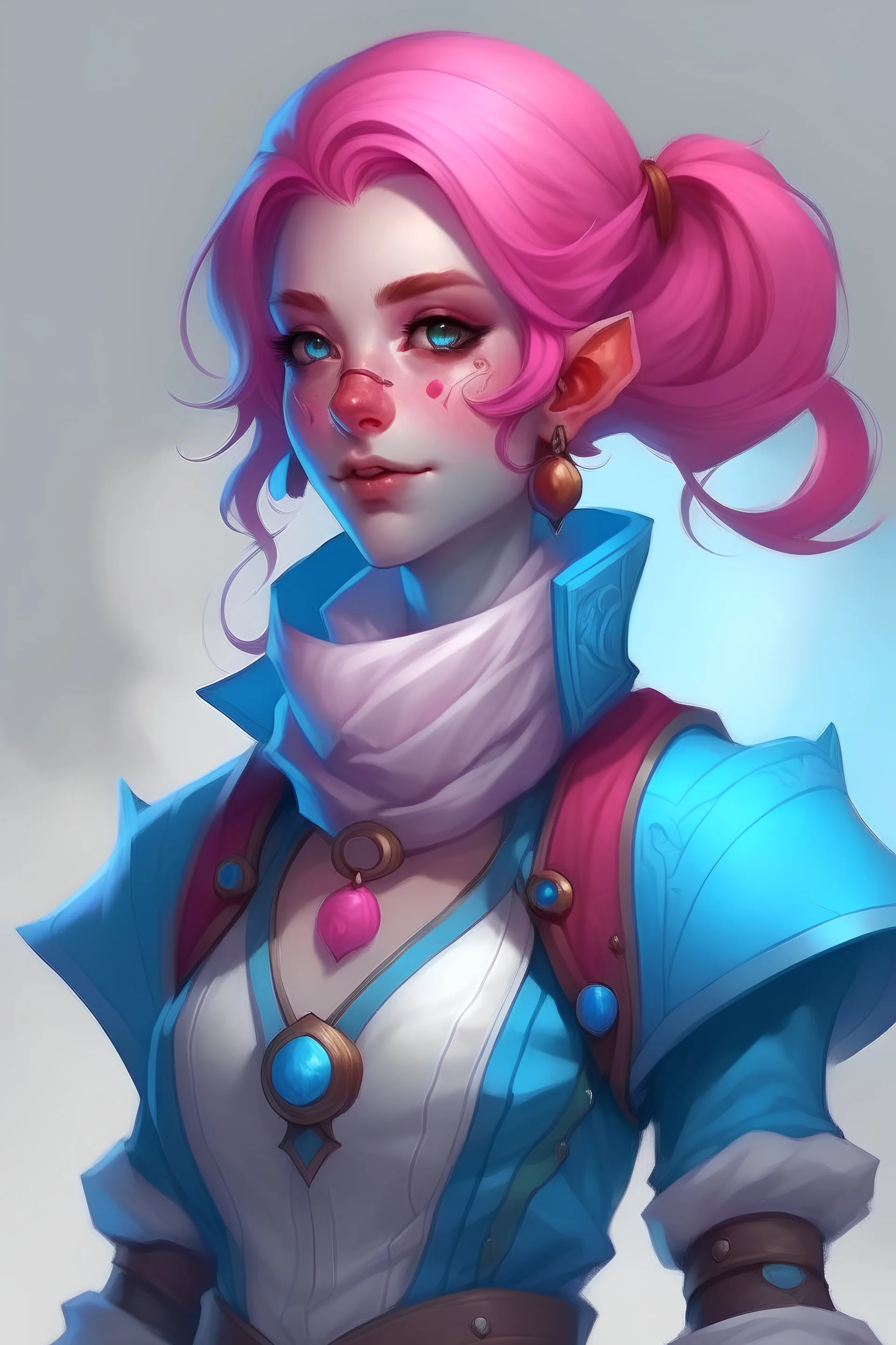 young female dnd air genasi cleric with pale blue skin and deep pink ombre hair