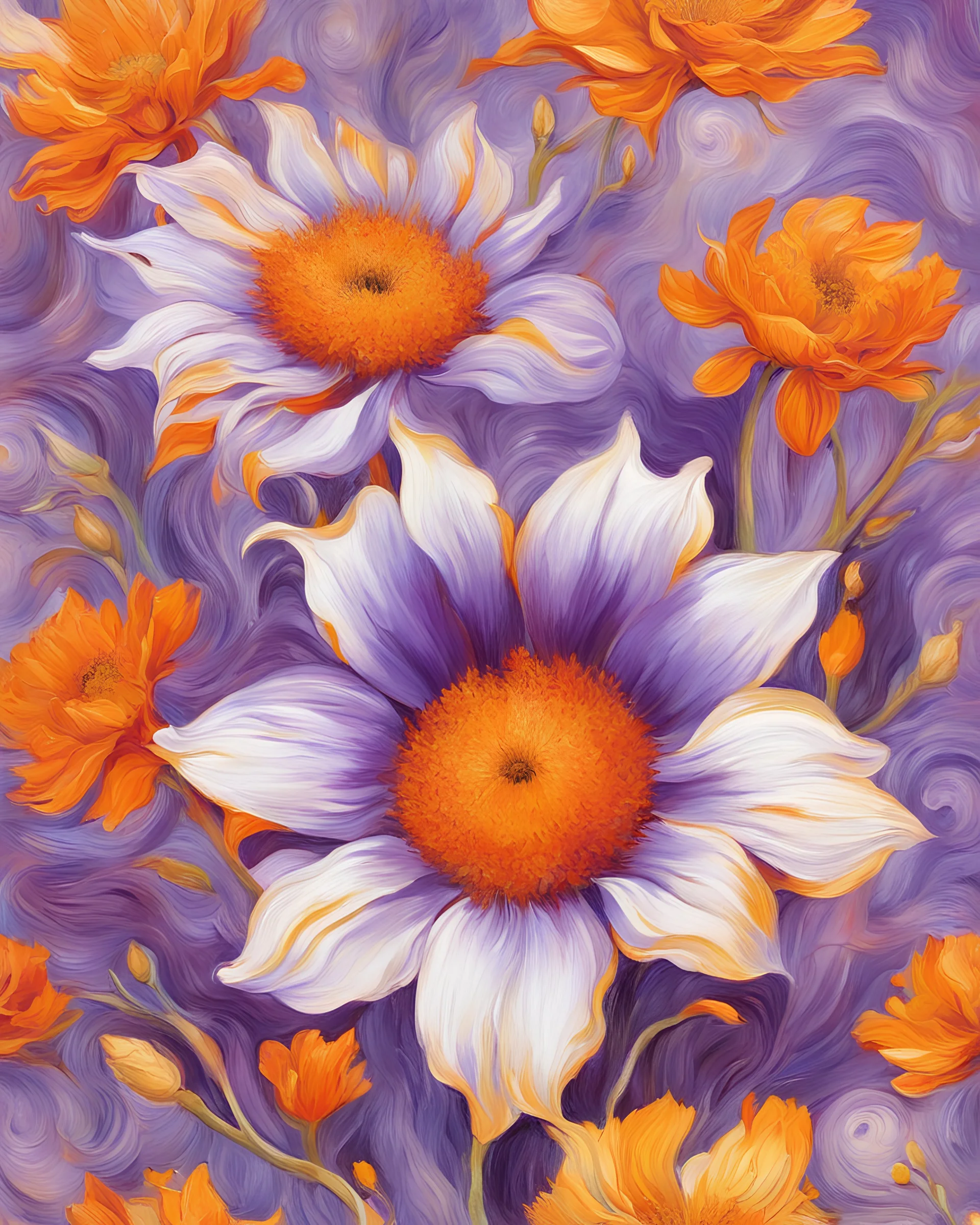 bright light and purple, gold and orange flower van Gough white background