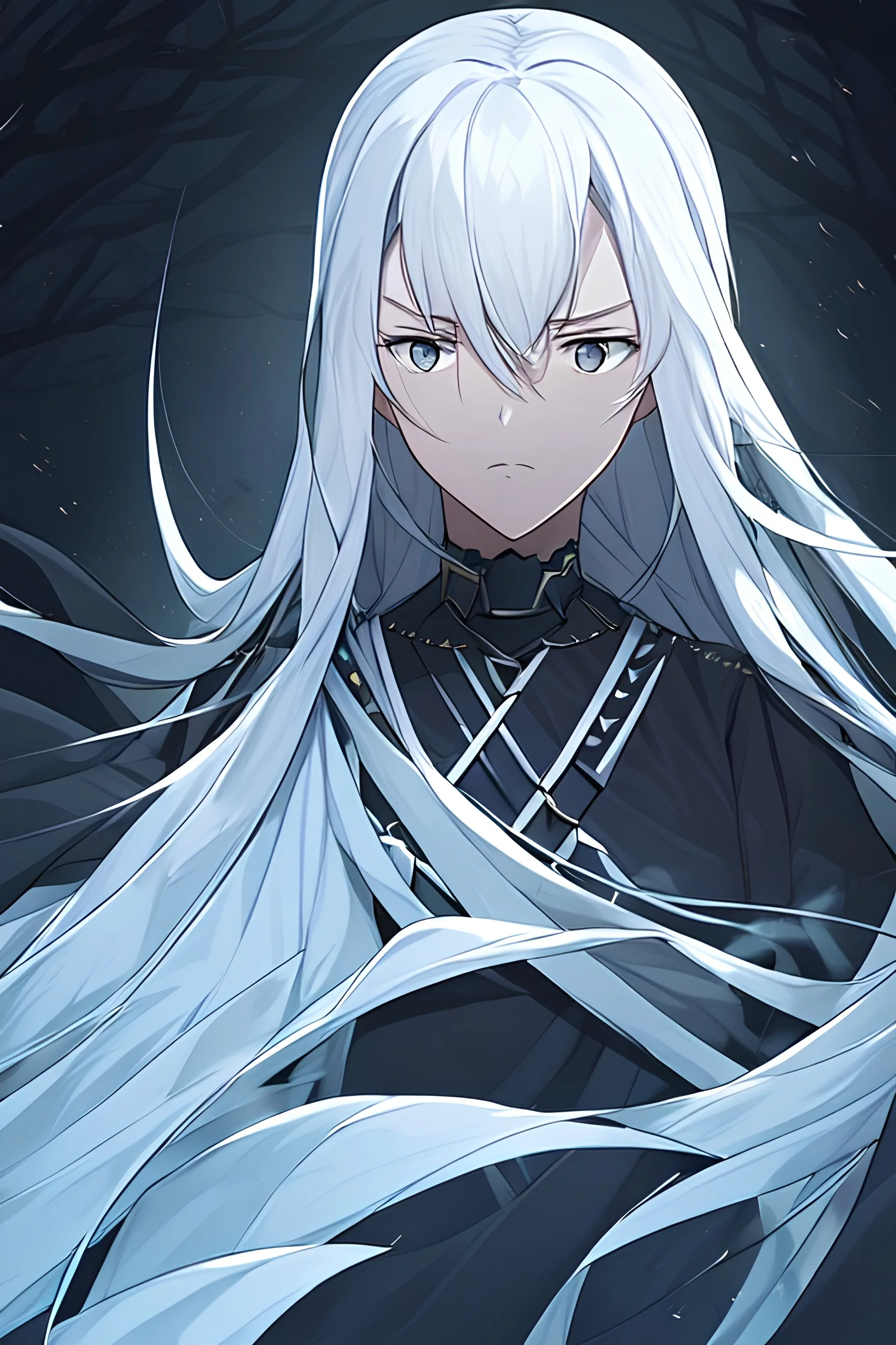 anime girl, princess of fog, in long queen dress, long white hair fluttering in wind, serious face, dark winter forest on the background, portrait, anime, mystery atmosphere
