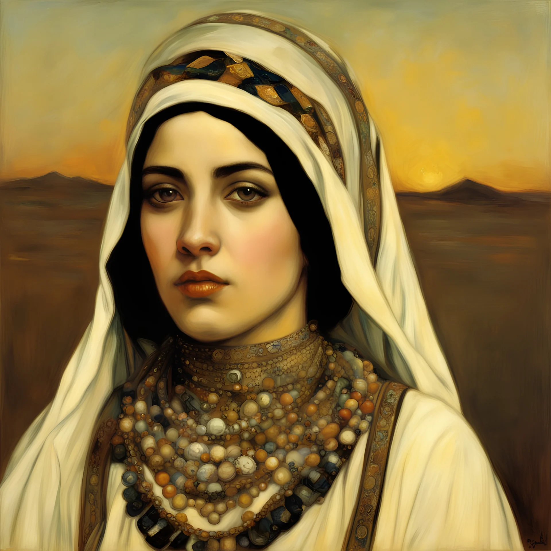 A portrait of a Arabic young woman in a traditional head covering and necklace in the desert painted by Klimt