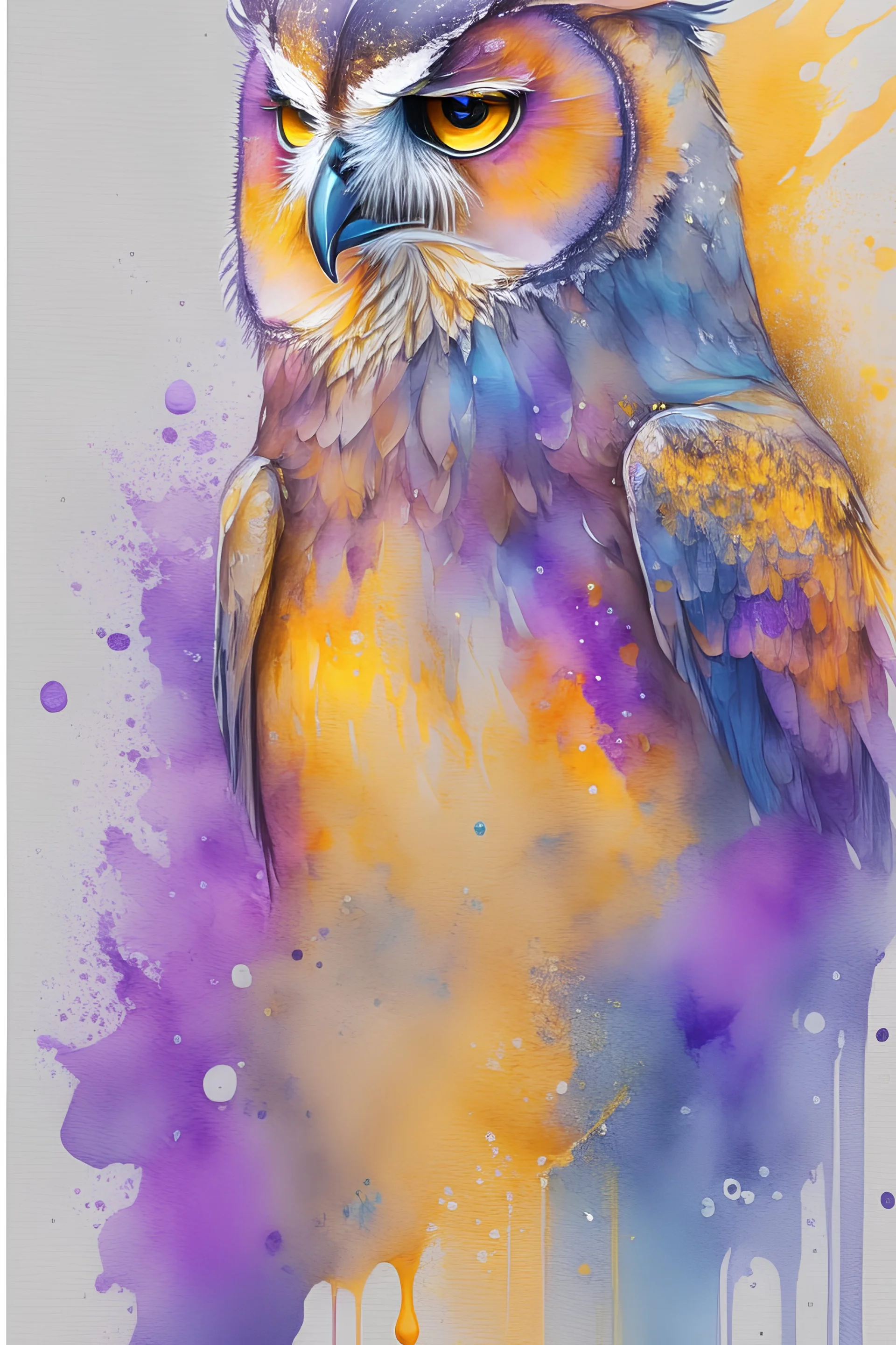 2:3 Full size, watercolor on transparent background paper, chromatic, zoom, sharp, splash of colors on a white background, a detailed golden purple sunset fire style, detailed owl & eagle, Miami Beach with light blue water, graffiti elements, powerful zen composition, dripping technique, & the artist has used bright, clean elegant, with blunt brown, 4k, detailed –n 9, ink flourishes, liquid fire, clean white background, zoom in, close-up,