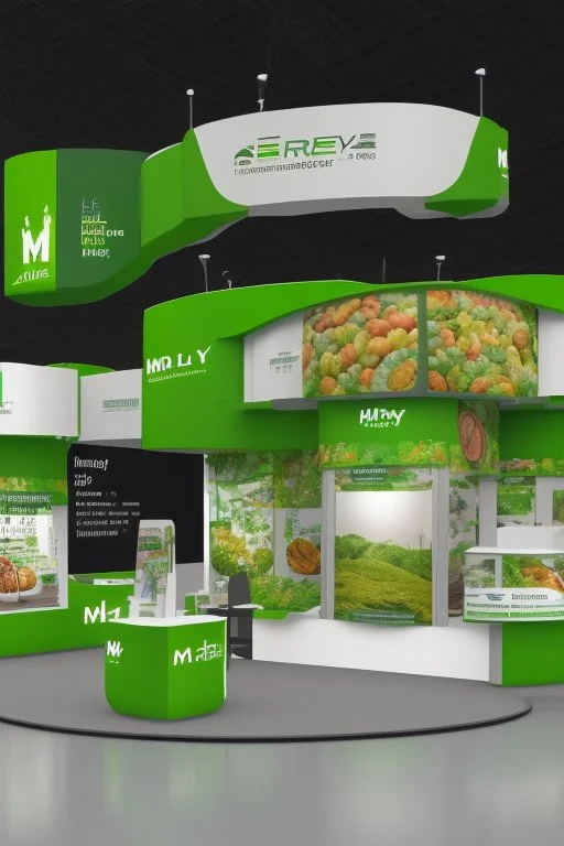 Corner green exhibition stand of a food company with product displays and a meeting area