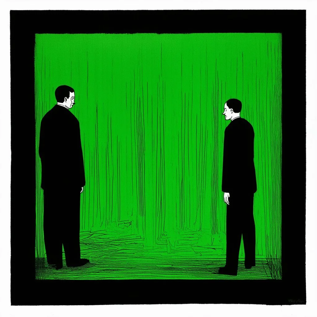 Negotiating dream frequencies, creeping absurdity, by Gabriel Pacheco, by Colin McCahon, ink illustration, Green and black color scheme, unsettling abstract art