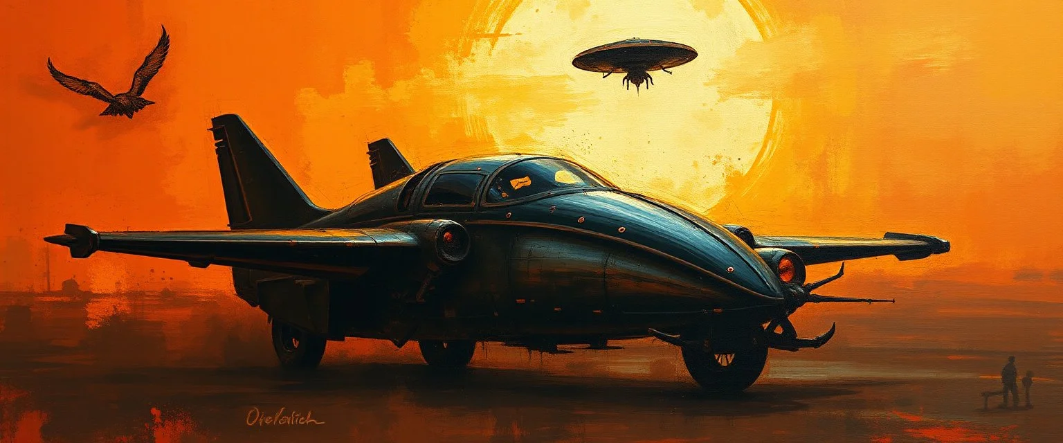 a high definition screen shot of a jet-fighter vw-beetle, retrofuturistic, phototrealism, Macabre Rapture End of days Revelation scene, loose brush stroke matte oil painting, sinner apotheosis,diagonal composition, unbalanced, abstract surreal horror, eerie, scary warm colors, Eldritch, by Colin McCahon Upscale @JonKnockTurnal 2999 ufo, bilaterally