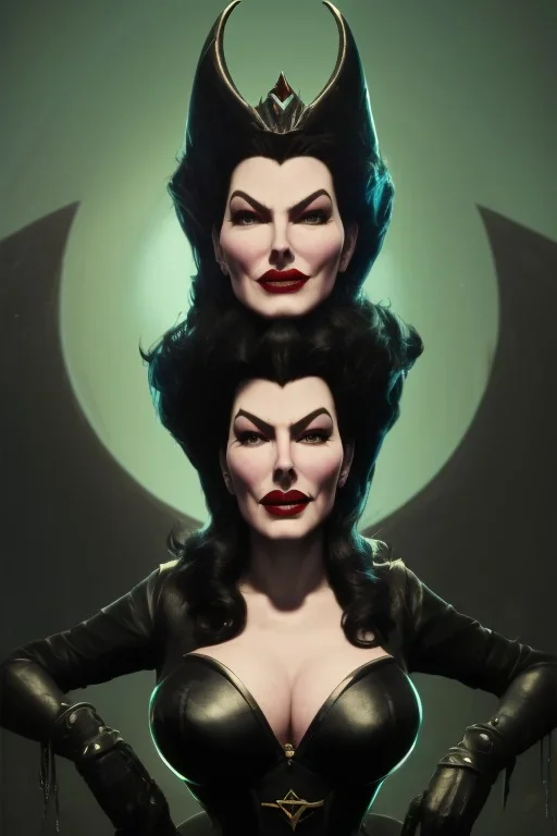 Ava Gardner as evil queen in black leather, busty, cleavage, curvy, angry, stern look. character design by cory loftis, fenghua zhong, ryohei hase, ismail inceoglu and ruan jia. unreal engine 5, artistic lighting, highly detailed, photorealistic, fantasy