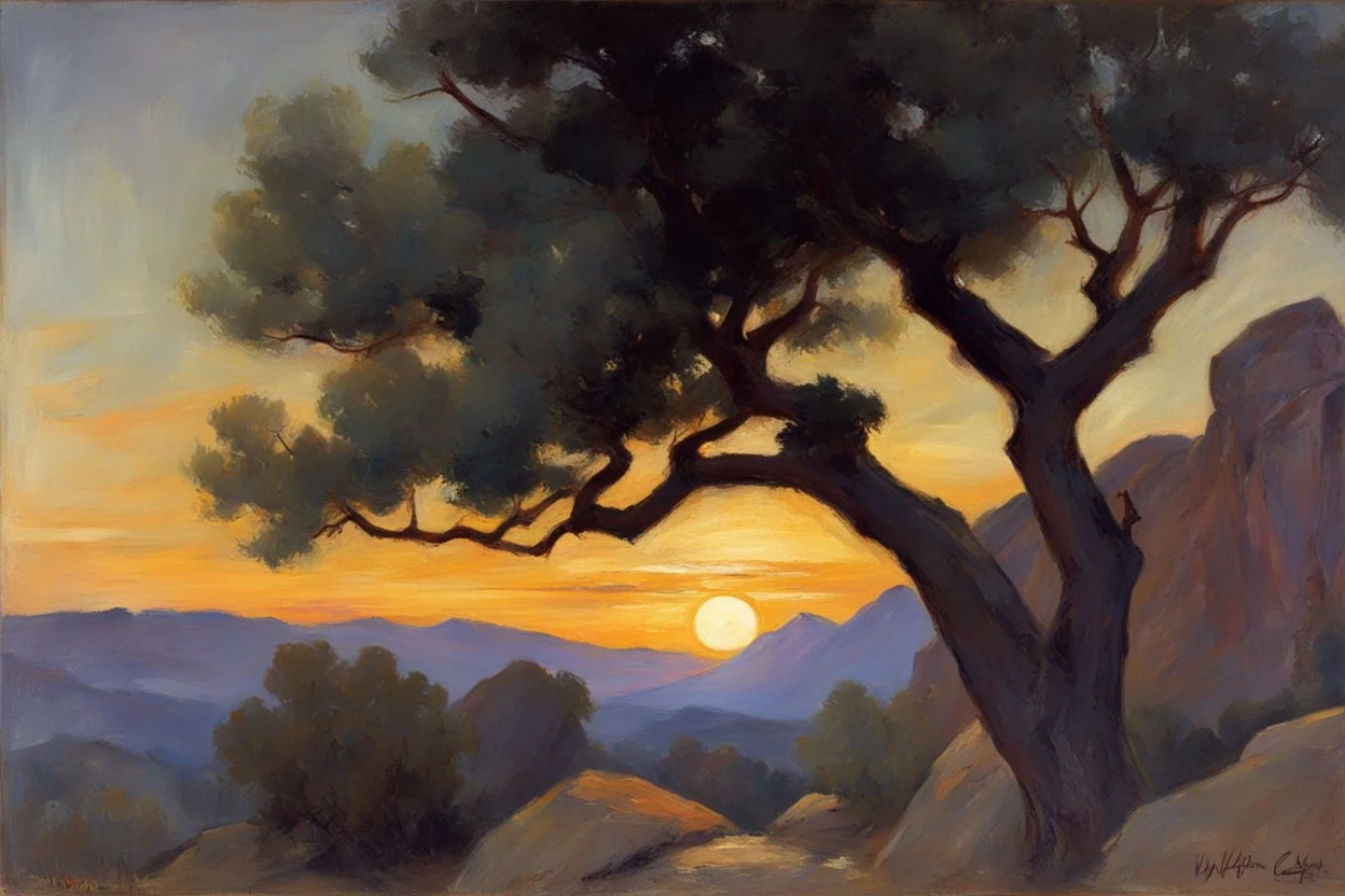 Night, trees, mountains, rocks, wilfrid de glehn and otto pippel impressionism paintings