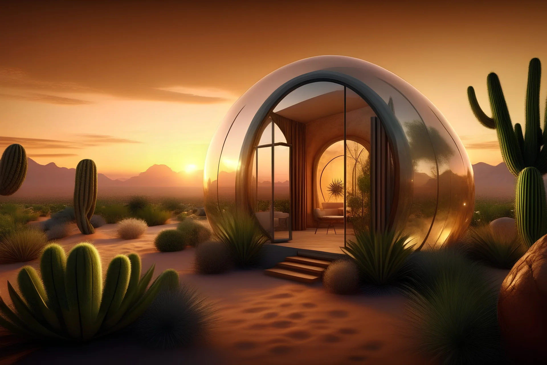 Hyper-realistic 8k photographic scene of a desert landscape, with a house shaped like a glass bubble, with a transparent entrance door and an interior full of plants and flowers, botanical. Sunset light.