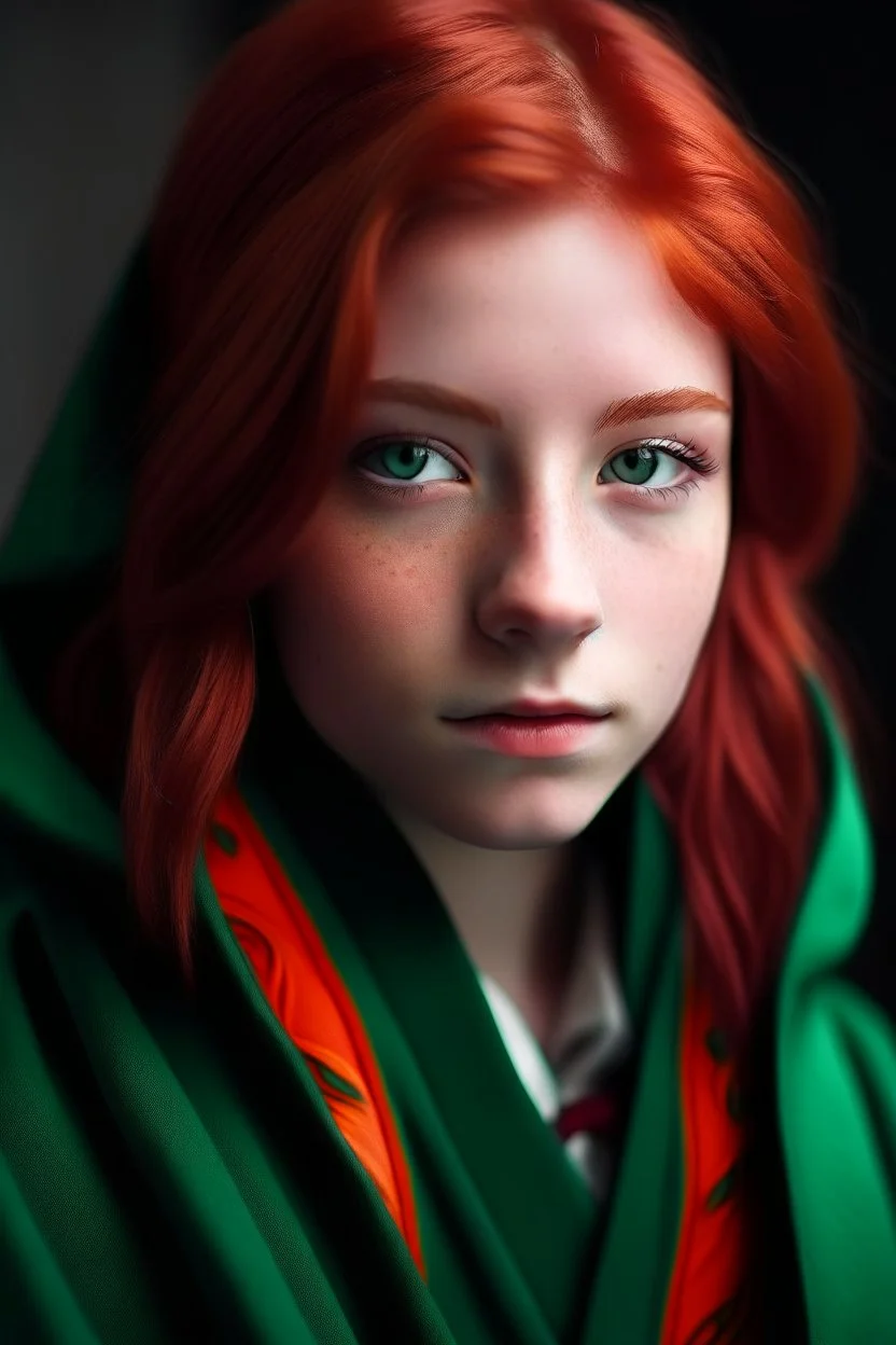 A girl with red hair and green eyes and she is wearing a Hogwarts robe