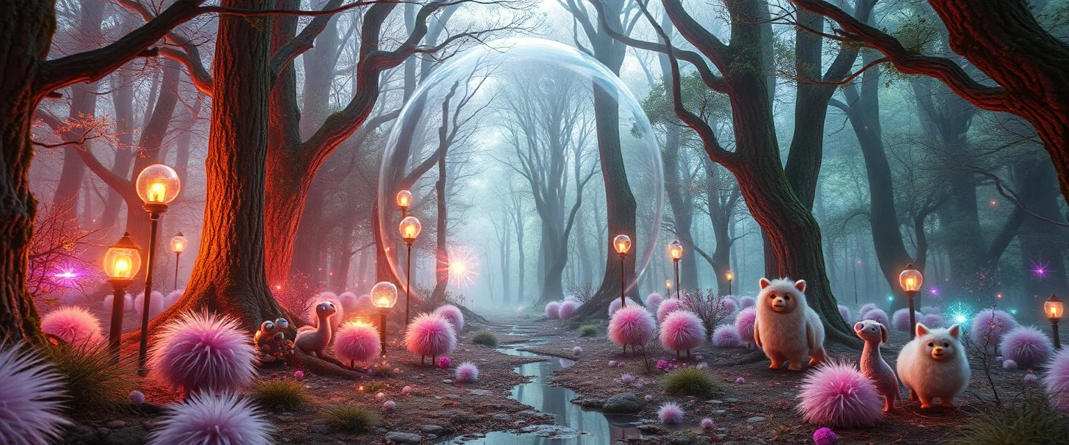 in the magical reflecting forest you enter the strangest bubble doorway to weird dimension and the aura of its heavenly fluffy elevated messed up woodland creatures