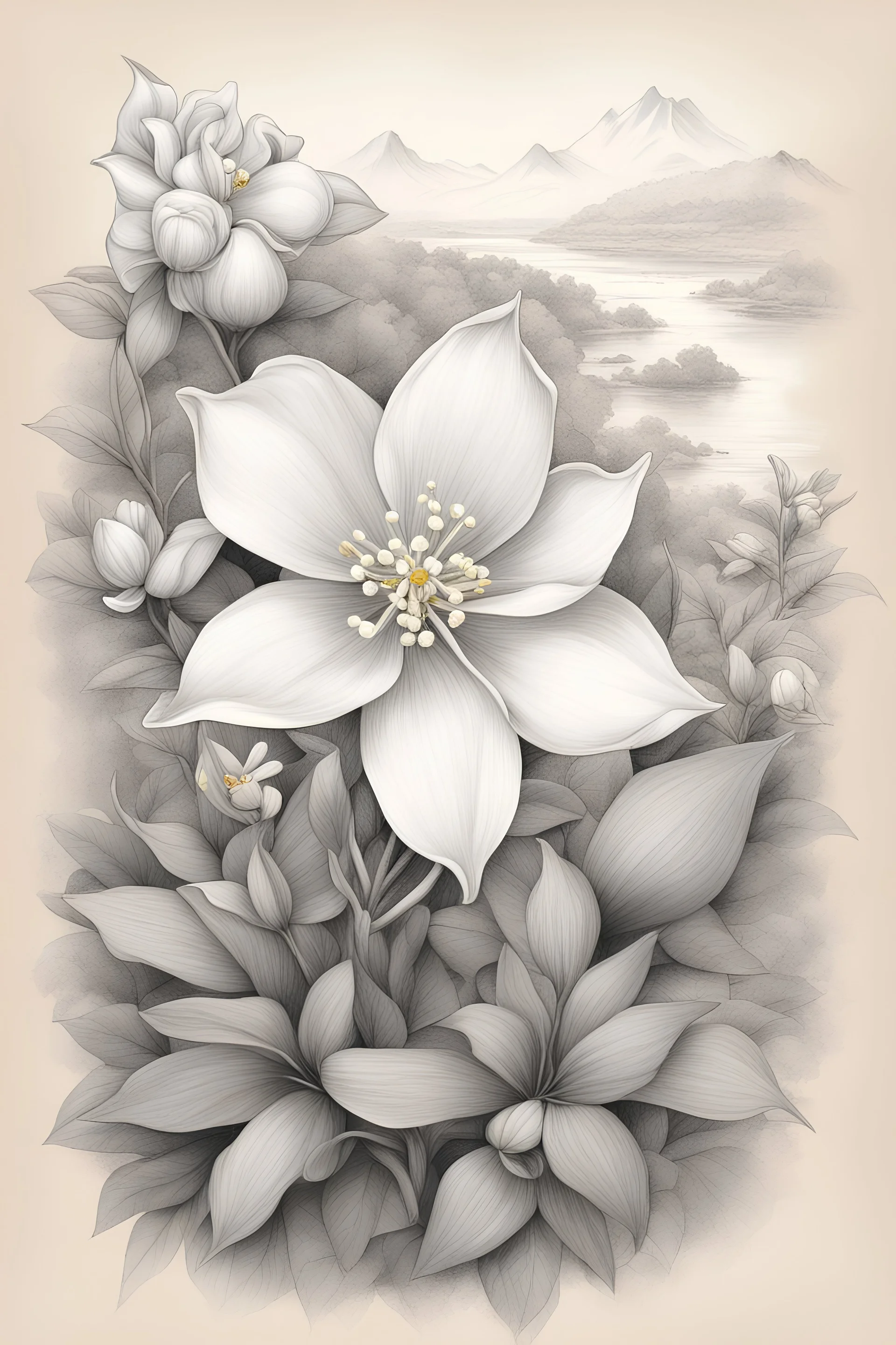 Mallige (Jasmine) Legend: Illustrate a jasmine flower, symbolizing purity and love, with a traditional Mandya landscape in the background. as pencil sketch or drawing