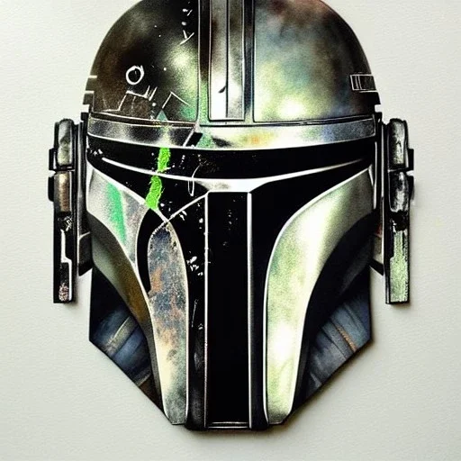 photorealistic the mandalorian helmet with weathered painting , illustration on coarse canvas by <agnes cecile> and <Yoji Shinkawa>, ornate and intricate details , soft smooth lighting, concept art,