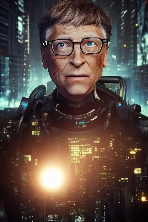 A portrait of post-apocalypse cyborg BILL GATES in a cyberpunk city, sci-fi fantasy style, volumetric lighting,highly detailed,cinamatic,gold colours,8k, 3D octane render, lisa parker, dark, 8k.