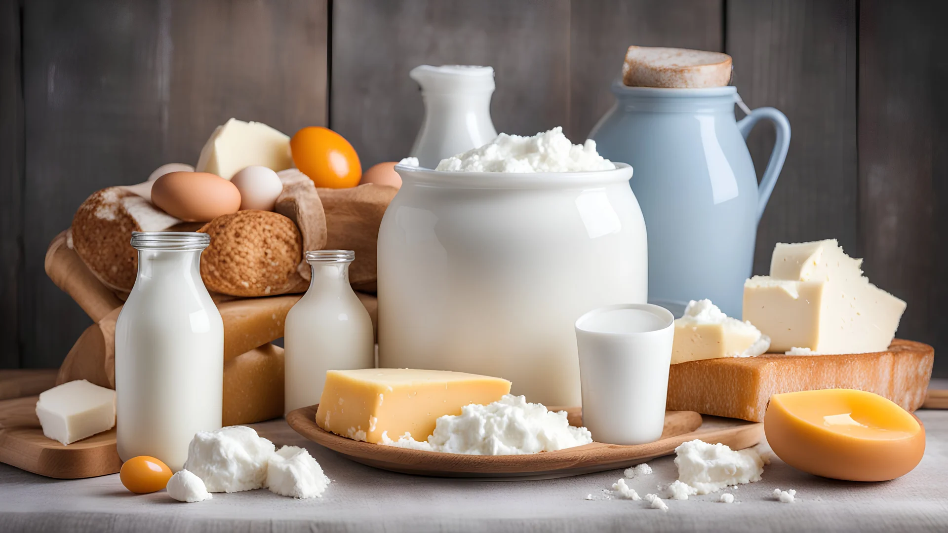Jug of milk, cheese, butter, yogurt or sour cream, cottage cheese, bread and eggs. Farm dairy products concept
