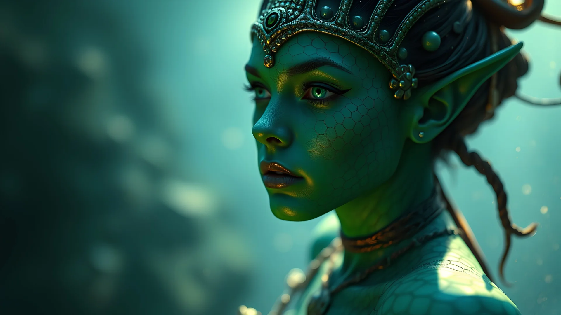 Photoreal gorgeous thrity year old green-blue triton ranger woman with green-blue scaled green-blue skin floating in the deep ocean realm by lee jeffries, otherworldly creature, in the style of fantasy movies, photorealistic, bokeh masterpiece smooth shading, ultra detailed, high resolution, cinematic, unreal 6, subtle shadows, octane render, 8k, cinema 4d, HDR, dust effect, vivid colors