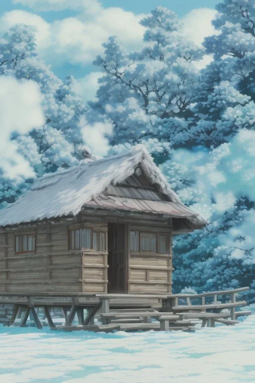 Masterpiece, Clear sky, 1cabin, woods, maunten, snowy,