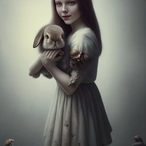 a cute smiling girl holding her bunny, tattoo in her face, michelangelo oil painting, steam punk, scary, horror, realistic, made in octane, cinematic, ultra-realistic, extremely detailed octane rendering, 8K, VRAY Super Real ar 2:3, dof photorealistic futuristic 50mm lens hard lighting dark gray tintype photograph, realistic lighting, sephia colors