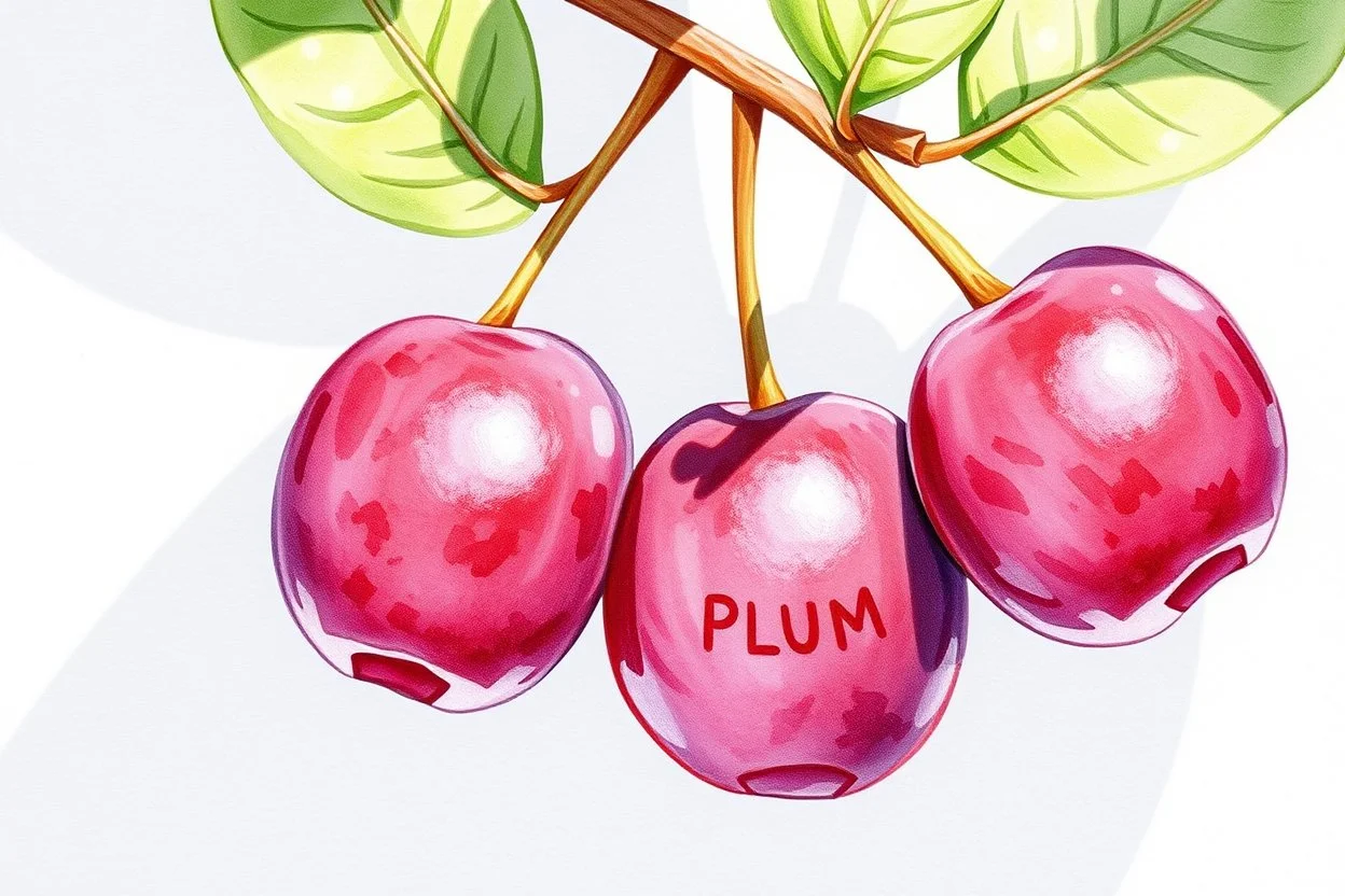 sign: "PLUM", cirmogó pici szilva, puszilva, élethű akvarell napfényben