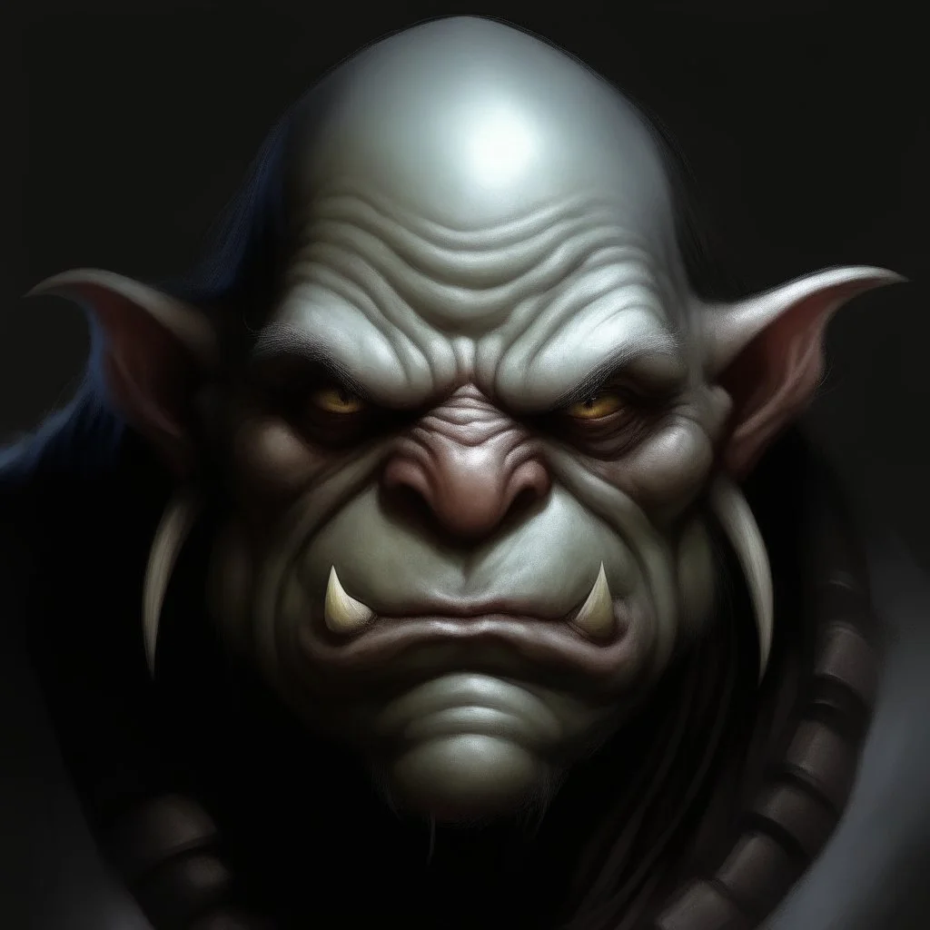 dnd style dark fantasy medieval ogre head deformation, white skin. mugshot. oil painting.