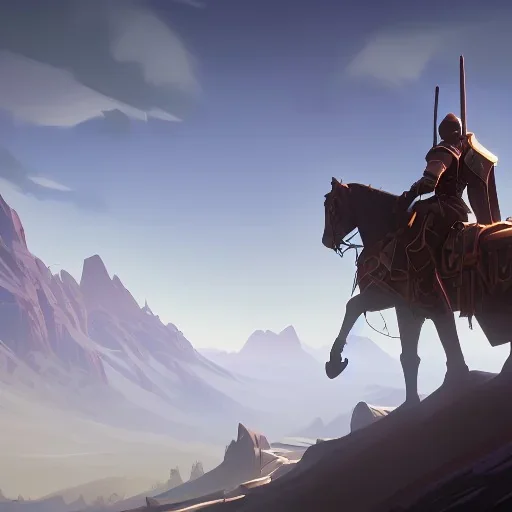  mountains with medieval knight in armour traveling on a horse in the background