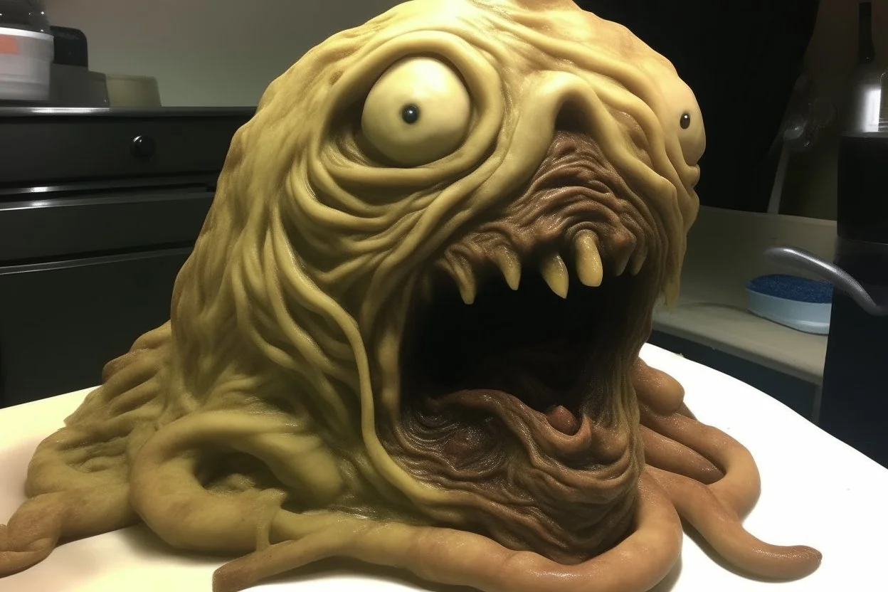 an eyeless, slimy, grotesque realistic tapeworm that looks like Donald Trump, horror