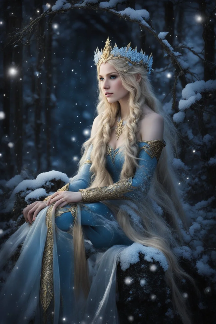 Elven princess,elven crown,long blonde golden hair,rapunzel hair,ice flowers,beautiful,light blue,dark blue,golden armor,sparkle,glitter,ice flowers,snow,elven ears,dark fairy princess