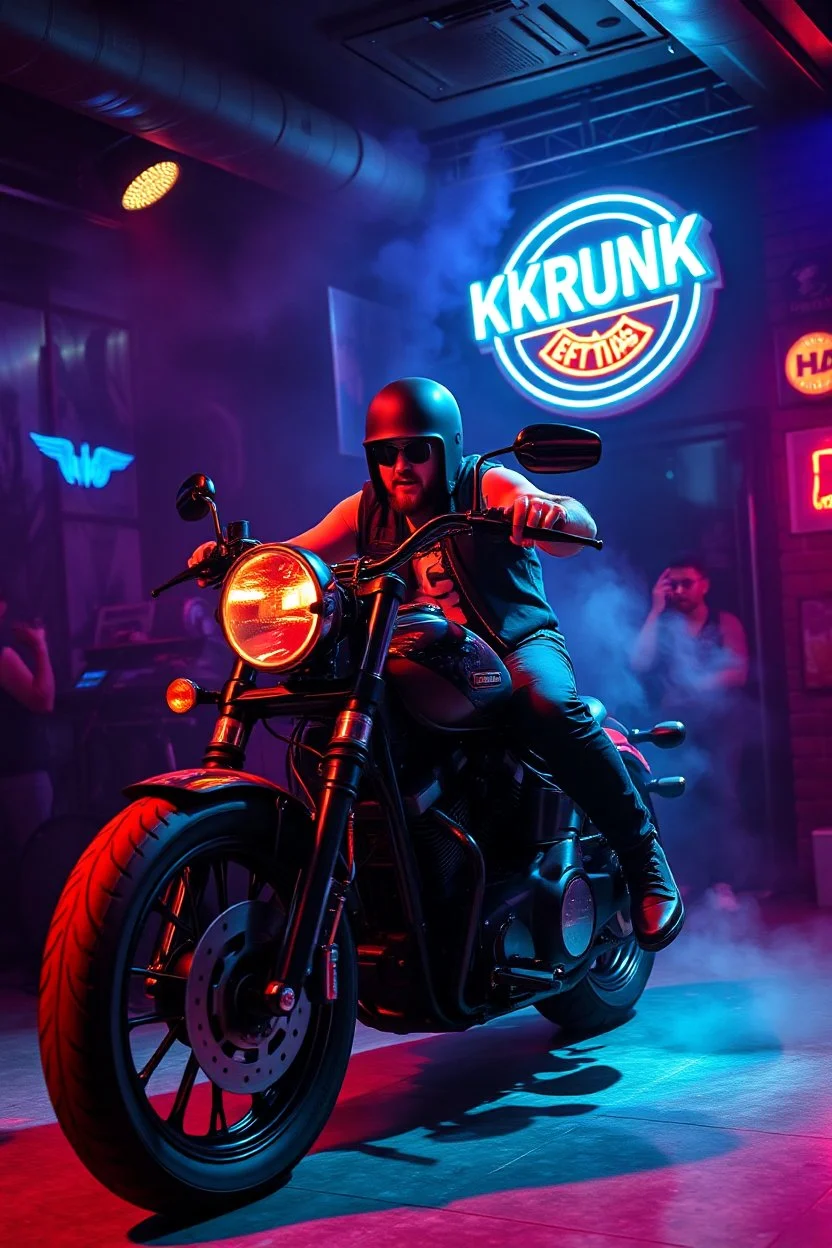 An "hard MC guy" performing at dance club, his name is "Benny" Very hard looking, motorbike Harley davidson on stage, Neon lights and smog, "KUKRUNK" sign on the wall