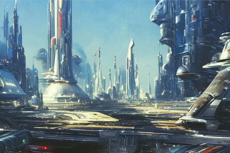 Spaceship starting from a Spaceport on a heavy industrialized planet, art by John Berkey, buildings with glass facades, insanely detailed, vibrant, 8k uhd, ultra-wide angle, street level view, brush strokes