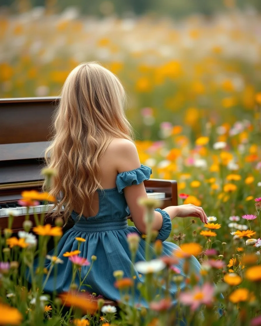 Beautiful blond adorned sits and playing piano in Realistic photography of a field of wildflowers, soft natural lighting, vibrant colors, intricate details,peaceful and serene atmosphere.