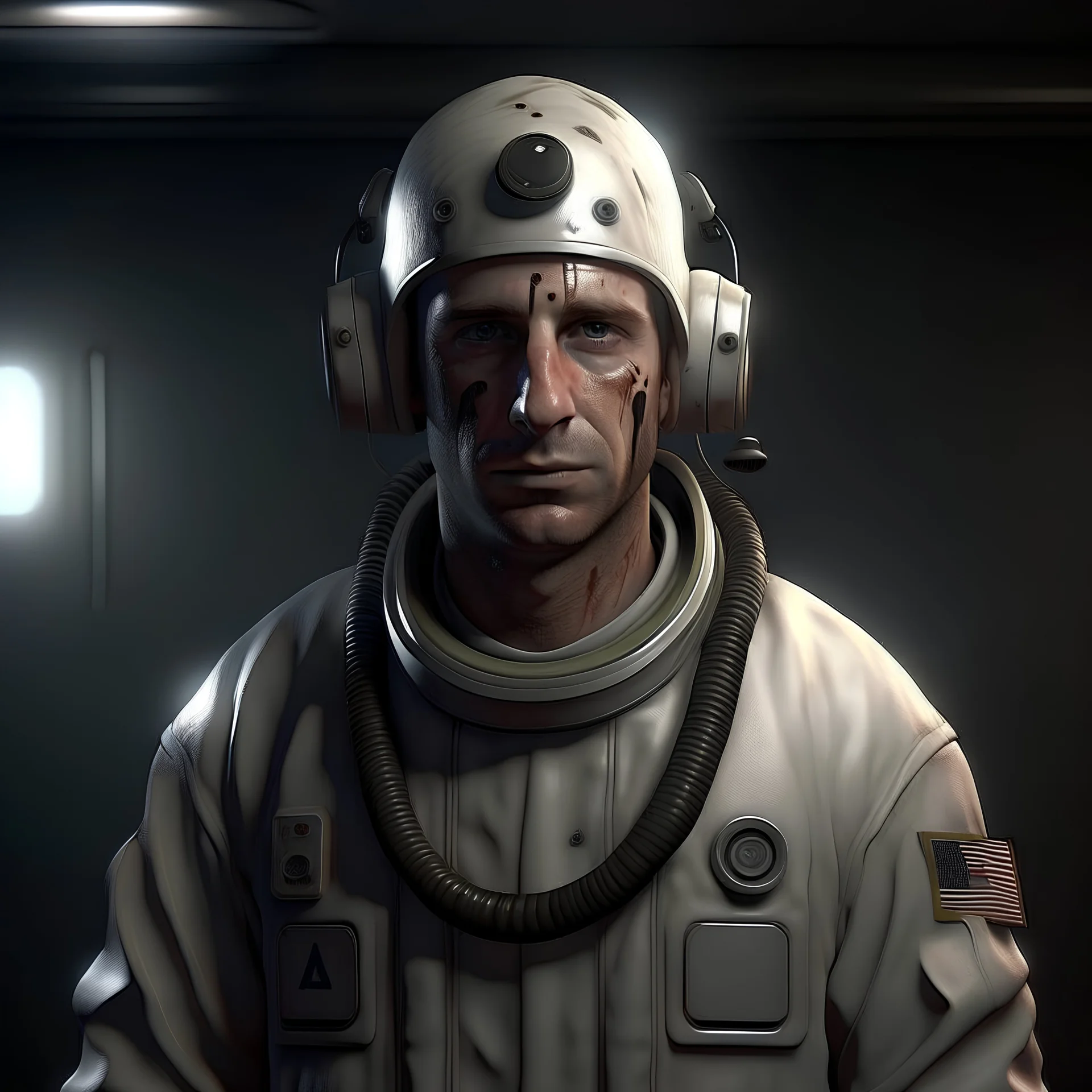 27 year old submarine medic white clothes realistic grimdark portrait