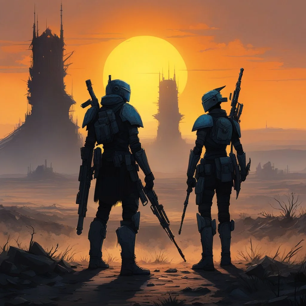 two warriors emerge in exoskeleton armor, standing in the desolate post-apocalyptic wasteland. One of them, holding an electric rifle, ready for battle, while the other turns her back, their silhouette stark against the eerie landscape reminiscent of Zdzisław Beksiński's artworks. the sun dipped below the horizon, casting long shadows across the twisted wreckage of civilization, the warriors braced themselves for the inevitable confrontation.