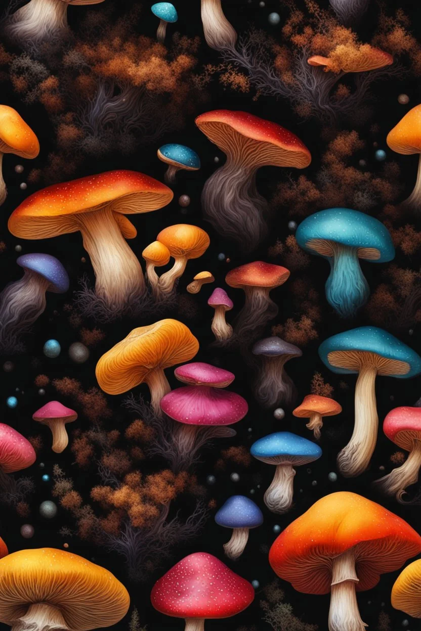 Diseased colourful mushrooms and fungi growing from black oil with a black background in the multiverse